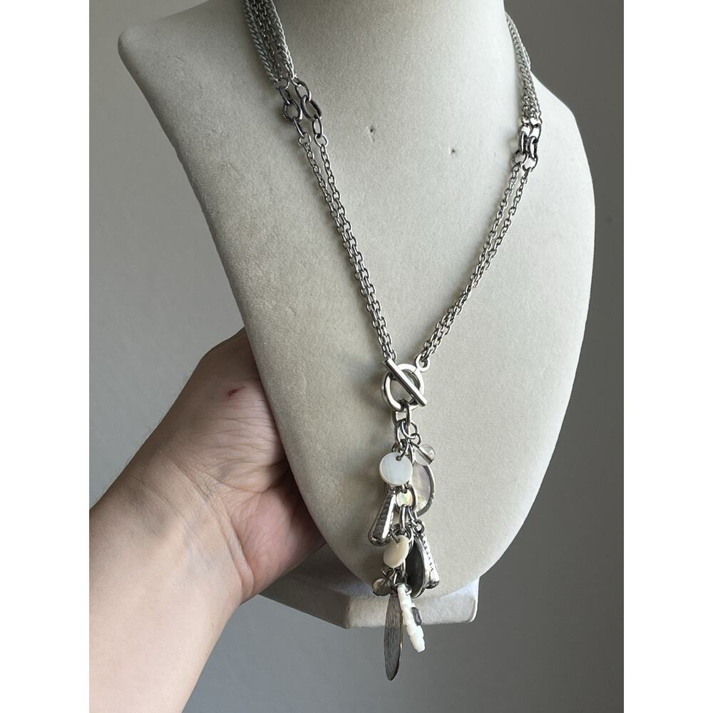 Vintage Carved MOP Dangle Pendant Flower Y Drop Necklace Silver Tone Shell